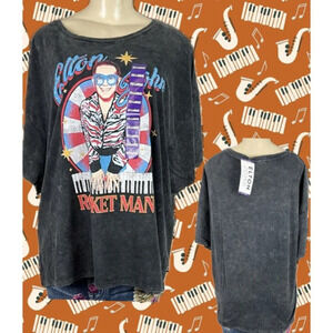 Hst Global Limited XXL Black Washed Elton John Graphic Cotton Short Sleeve Tee